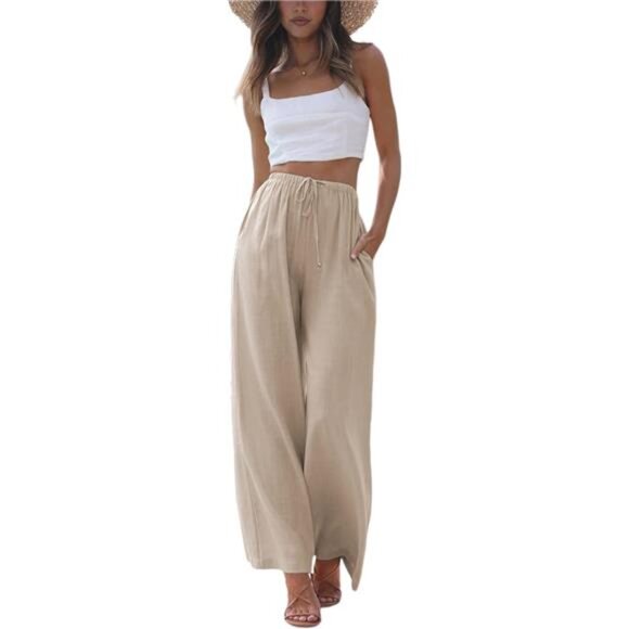 Women's Cotton Linen Summer Palazzo Pants Flowy Wide Leg Beach Trousers